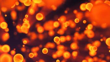 Abstract yellow orange glowing background with flying balls circles atoms video