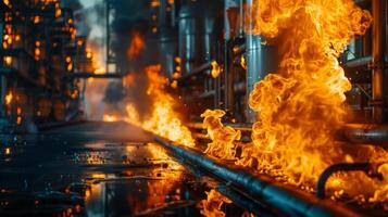 Dramatic industrial scene with flames engulfing an area near steel pipelines. photo