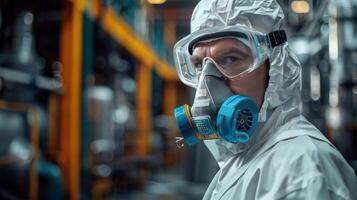 An industrial worker clad in a protective suit and respirator focuses intently on a task in a manufacturing facility. photo