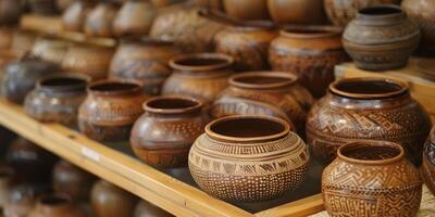 Collection of intricately designed clay pots on wooden shelves, showcasing traditional craftsmanship and artistic pottery. photo