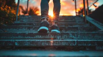 A person climbing steps at sunset, symbolizing progress, determination, and the journey towards goals in a picturesque setting. photo
