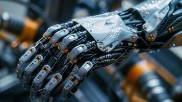 Detailed view of a high-tech robotic hand showcasing advanced technology and intricate mechanical components, representing innovation and artificial intelligence. photo