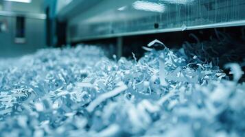 Large pile of shredded paper strips in an industrial shredding machine, representing document destruction and data security. photo