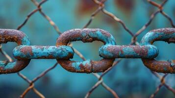 Close-up of a rusty chain link fence with a blurred background, highlighting the texture and decay of the metal. photo