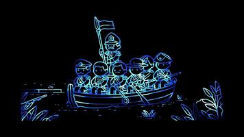 Glowing looping Independence Day George Washington crossing the Delaware River during the Revolutionary War. neon frame effect, black background. video