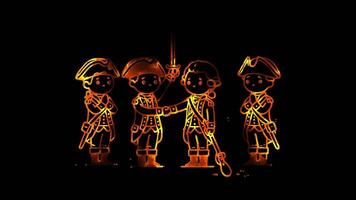 Glowing looping Independence Day Surrender of British General Cornwallis at Yorktown, marking the end of major fighting. neon frame effect, black background. video