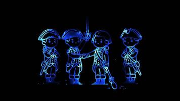Glowing looping Independence Day Surrender of British General Cornwallis at Yorktown, marking the end of major fighting. neon frame effect, black background. video