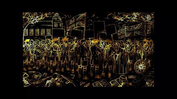 Glowing looping Independence Day Colonists protesting against British taxation and policies. neon frame effect, black background. video