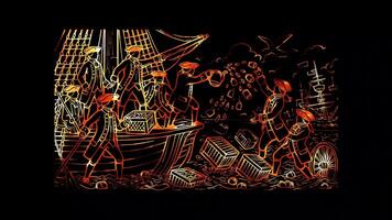 Glowing looping Independence Day Boston Tea Party 1773 depicting colonists dumping tea into Boston Harbor. neon frame effect, black background. video