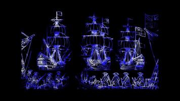 Glowing looping Independence Day British colonial ships arriving in the Americas. neon frame effect, black background. video