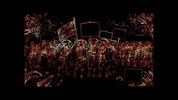 Glowing looping Independence Day Colonists protesting against British taxation and policies. neon frame effect, black background. video