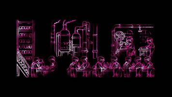 Glowing looping Labor Day Industrial workers in factories during the early 20th century. neon frame effect, black background. video
