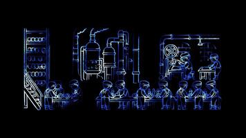 Glowing looping Labor Day Industrial workers in factories during the early 20th century. neon frame effect, black background. video