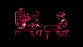 Glowing looping Labor Day Industrial workers in factories during the early 20th century. neon frame effect, black background. video