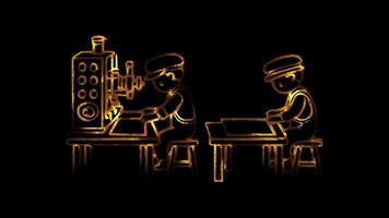 Glowing looping Labor Day Industrial workers in factories during the early 20th century. neon frame effect, black background. video