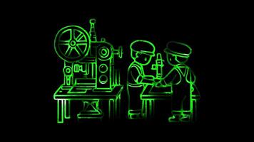 Glowing looping Labor Day Industrial workers in factories during the early 20th century. neon frame effect, black background. video