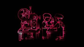 Glowing looping Labor Day Industrial workers in factories during the early 20th century. neon frame effect, black background. video
