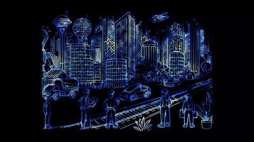 Glowing looping Labor Day Futuristic cityscape symbolizing evolving workforce trends. neon frame effect, black background. video