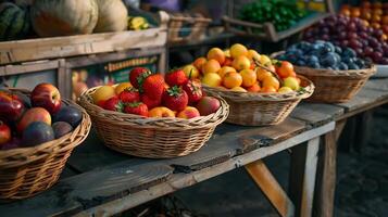 Different fruits baskets are on the wooden table for sale. farms market photo
