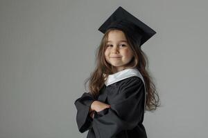 Back to school. A Little gilr kid in a graduate passed suite, standing with hands crossed folded on dark background. school kid photo