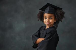 Back to school. A Little gilr kid in a graduate passed suite, standing with hands crossed folded on dark background. school kid photo