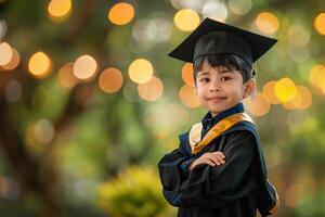 Back to school. A happy Little boy kid in a graduate passed suite, standing with hands crossed folded against blurred background. school kid photo