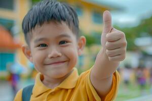 Welcome back to school A cute happy and smiling Little boy kid thumbs up and soft blurry school building in background photo