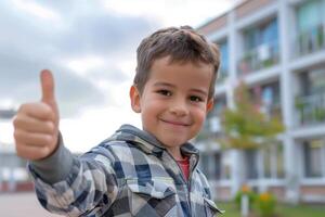 Welcome back to school A cute happy and smiling Little boy kid thumbs up and soft blurry school building in background photo