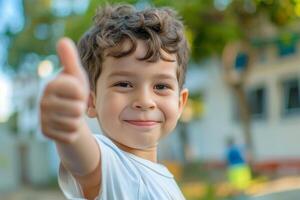 Welcome back to school A cute happy and smiling Little boy kid thumbs up and soft blurry school building in background photo