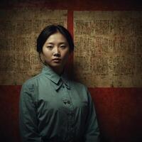A young Asian woman standing against a backdrop of aged, parchment in Chinese script. photo