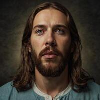 A young man with a serene and contemplative expression, reminiscent of classical depictions of religious figures. His long brown hair and full beard give him a timeless look. photo