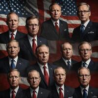 The portrait titled Spy Chiefs The Intelligence Gathering. It features multiple iterations of an individual who appears to be a senior intelligence officer, depicted in various poses and expression photo
