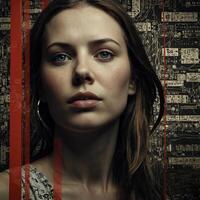A young woman with a solemn expression, set against a complex, circuit board- background. The woman's natural beauty is accentuated by her clear blue eyes, light freckles, and minimalistic styling. photo