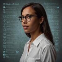 A young woman wearing glasses and a white blouse, set against a textured blue-gray background. Image features a digital interface overlay displaying icons and text representing various career skills. photo