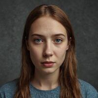 A young woman with straight, light brown hair and striking blue eyes. She has a fair complexion with a sprinkling of freckles across her cheeks and nose. The expression on her face is neutral. photo