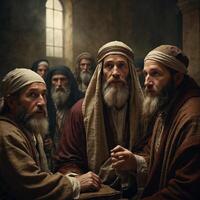 A group of men dressed in traditional ancient Middle Eastern attire, featuring long robes and head coverings. The scene is set in a dimly lit room with a window that allows some light to enter photo