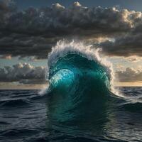The raw power and beauty of the ocean. It features a massive, cresting wave illuminated by the light of either sunrise or sunset, casting a dramatic glow on the turbulent waters. photo