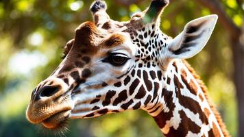Close up view of a tall graceful giraffe with its distinctive intricately patterned brown and long neck photo