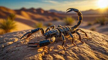 Scorpion with its robust body and curved tail in the middle of a dessert photo