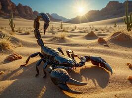 Scorpion with its robust body and curved tail in the middle of a dessert photo