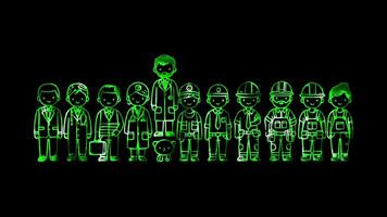 Glowing looping Labor Day Diverse group of workers representing various professions. neon frame effect, black background. video