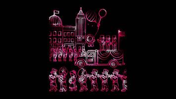 Glowing looping Labor Day Floats and marching bands in Labor Day parades. neon frame effect, black background. video