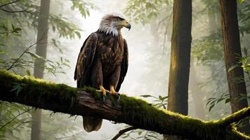 A bald eagle perched on a tree branch with sharp eyes, with sunlight filtering through the trees photo