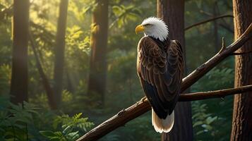 American bald eagle on a tree branch with a steady gaze, in a shady forest with sunlight streaming in. photo