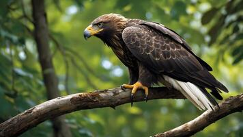A closeup of an eagle perched on a tree branch with sharp eyes photo
