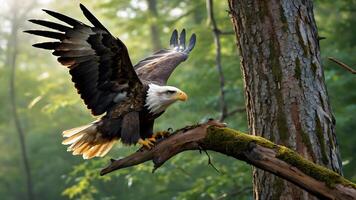 An bald eagle landing on a tree trunk with open wings in the background of a forest illuminated by sunlight photo