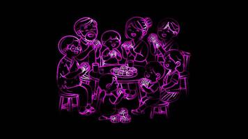 Glowing looping Mid-Autumn Festival Multi-generational families enjoying mooncakes together. neon frame effect, black background. video