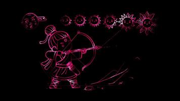 Glowing looping Mid-Autumn Festival Houyi shooting down the ten suns. neon frame effect, black background. video