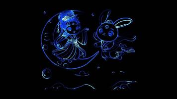 Glowing looping Mid Autumn Festival Change floating to the moon with the Jade Rabbit. neon frame effect, black background. video