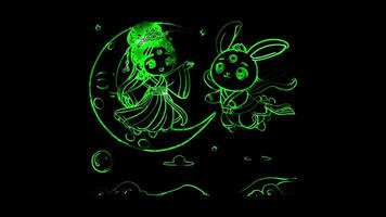 Glowing looping Mid Autumn Festival Change floating to the moon with the Jade Rabbit. neon frame effect, black background. video